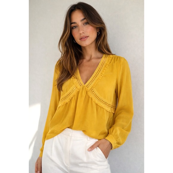 Sezane Tops - NWT Sezane Zora Silk Blouse Size EU 36 | US Small Yellow Boho V-Neck Top $120